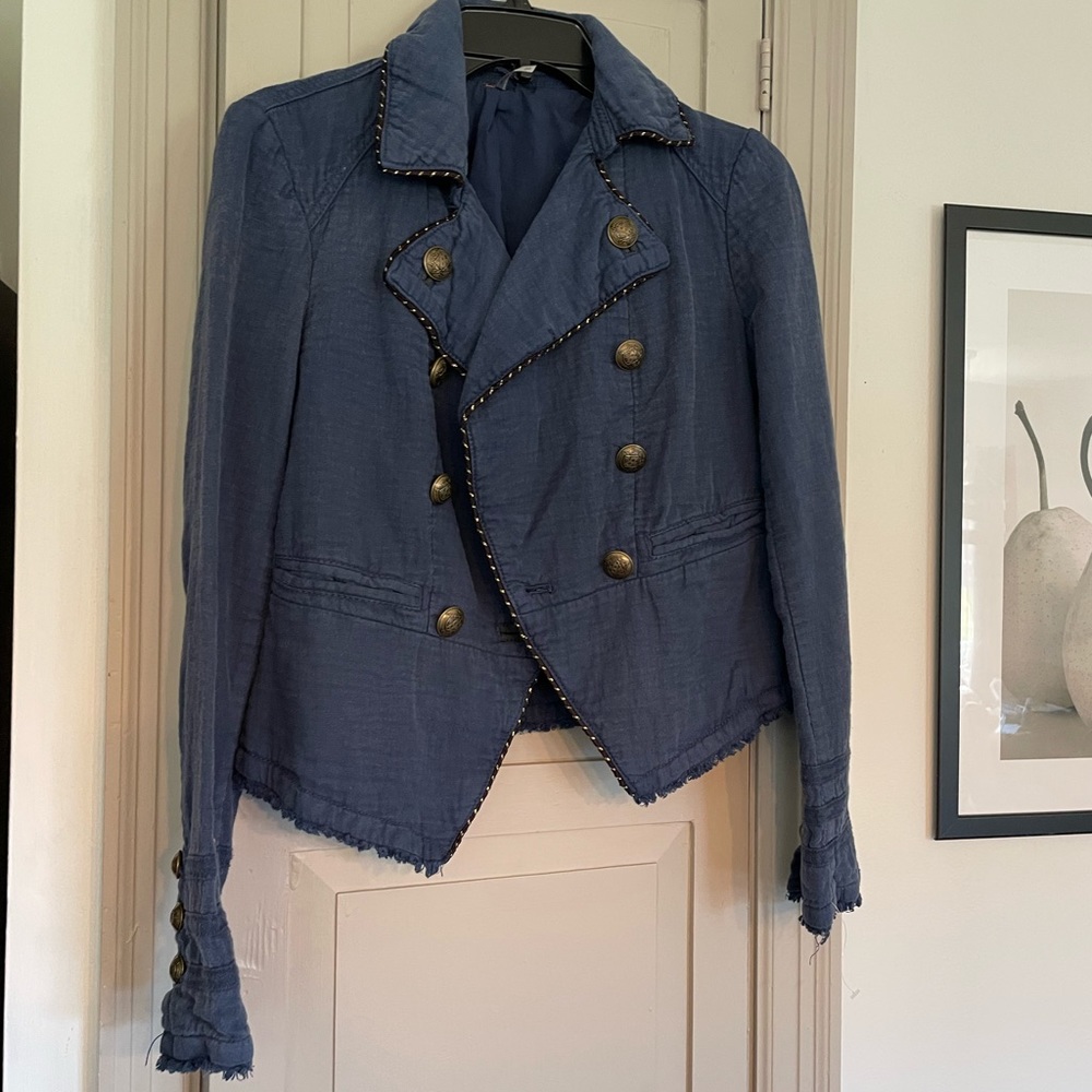 Free People Linen Blend Deep Blue Military Cadet Jacket bronze buttons xs